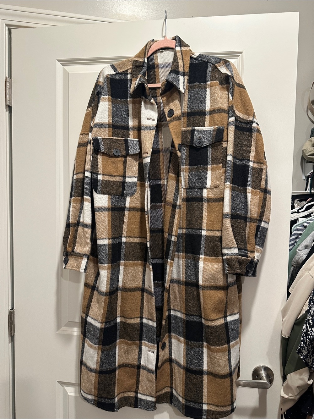 Plaid Longline Shacket Jacket - Tan, Black & Cream